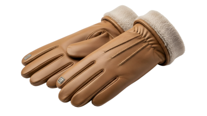 Close up view of a pair of tan leather winter gloves with fleece lining against a dark background