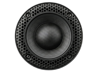High fidelity tweeter speaker with carbon fiber dome and grille on a transparent background