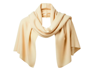 Elegant cream colored fabric scarf draped on a transparent background