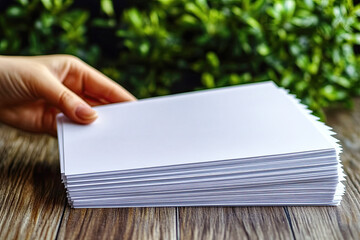 Fototapeta premium A hand holds a stack of blank papers against a backdrop of greenery, showcasing a simple yet clean workspace.