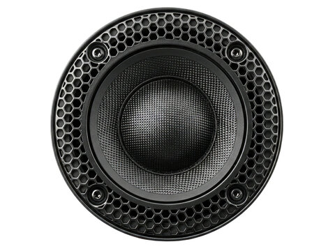 High fidelity tweeter speaker with carbon fiber dome and grille on a transparent background