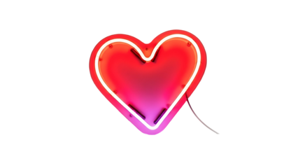 Glowing neon heart sign displays vibrant red and pink illumination against a dark background