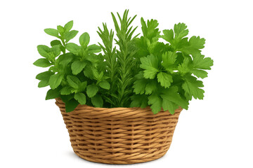 Naklejka premium Fresh herbs mint rosemary and parsley in wicker basket