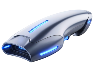 Futuristic handheld barcode scanner with glowing blue lights on a transparent background