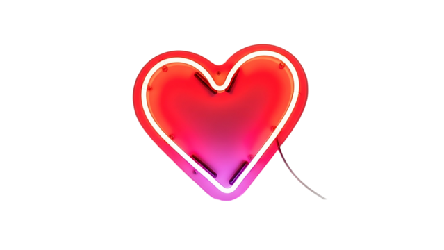 Glowing neon heart sign displays vibrant red and pink illumination against a dark background