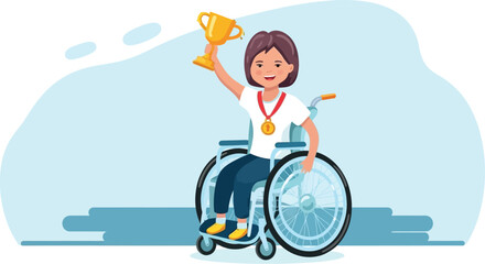 Triumphant person in wheelchair celebrates victory holding gold trophy and medal, inspiring achievement and overcoming challenges