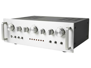 Fototapeta premium Vintage silver stereo integrated amplifier with knobs and switches on a transparent background