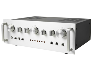 Vintage silver stereo integrated amplifier with knobs and switches on a transparent background