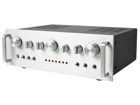 Vintage silver stereo integrated amplifier with knobs and switches on a transparent background