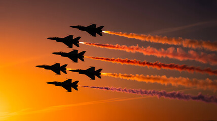 Jet fighters flying formation at sunset airshow demonstration performance
