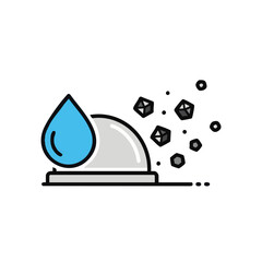 A simplified vector illustration depicting a water droplet above a surface, with small black cubes floating to the right, creating a clean and modern design.