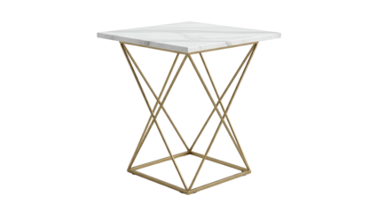 Square marble top side table features an intricate crisscross metal frame on a black background