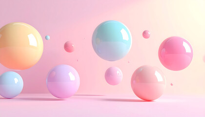 Abstract pastel spheres floating in a soft pink background with gentle lighting and subtle reflections