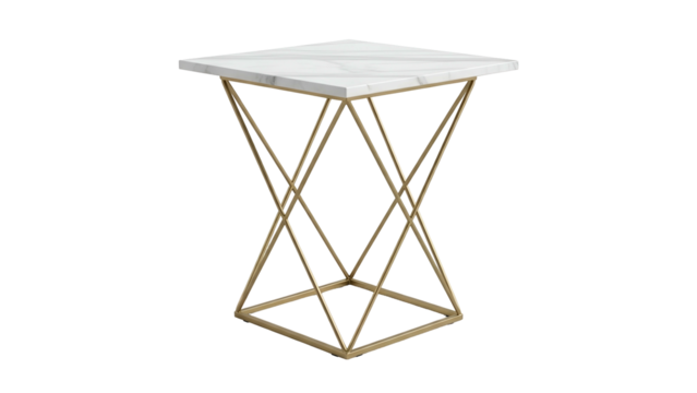 Square marble top side table features an intricate crisscross metal frame on a black background