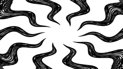 Radial burst of bold brush stroke waves, dramatic abstract texture in black on transparent background.