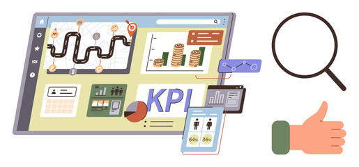 Data dashboard with charts, graphs, and KPI metrics. Tablet, magnifying glass, and thumbs-up. Ideal for data analysis, performance tracking, business growth strategy productivity evaluation