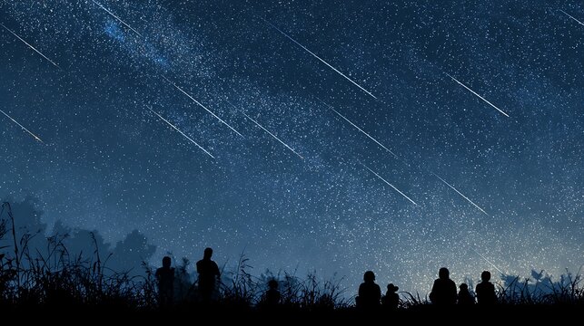 People Watching Night Sky with Shooting Stars and Milky Way Scenery