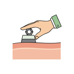 A minimalist illustration depicts a hand pressing a futuristic device onto skin, suggesting a concept related to health, technology, or skincare innovation.