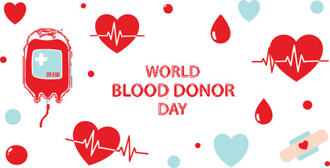 Celebrate World Blood Donor Day with vibrant hearts, blood bags, and vital signs, inspiring life-saving generosity and compassion.