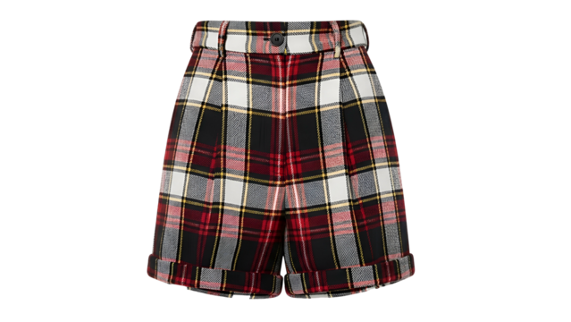 Tailored high-waisted shorts display a vibrant red, white, black, and gold tartan pattern against a dark background