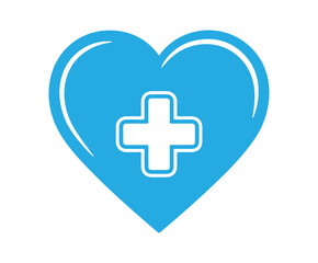 A blue heart with a white plus sign in the center, represents health, medicine, love, care, and support symbolizes hospitals, clinics, and healthcare