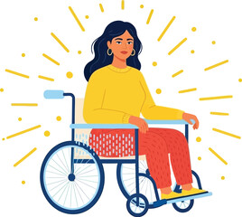 Confident woman in wheelchair radiates positivity and strength with bright, energetic rays surrounding her, symbolizing hope and empowerment.
