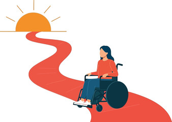 Woman in wheelchair journeys towards bright future symbolized by sunrise on winding path of hope and opportunity