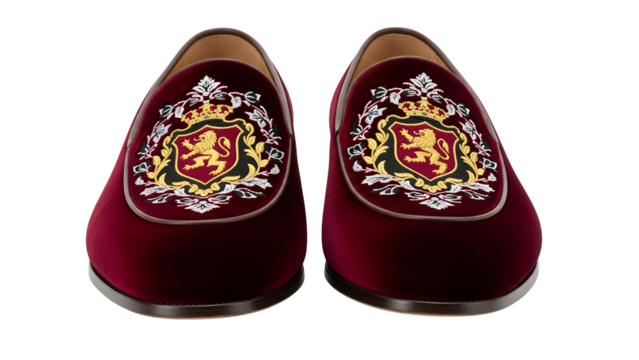 Pair of opulent deep red velvet smoking slippers featuring intricate embroidered heraldic crests against a stark black background.
