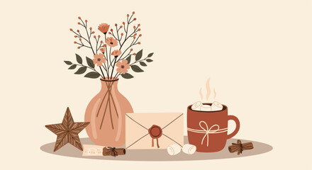A cozy still life featuring a vase of flowers an envelope and a warm drink.
