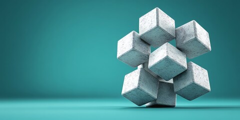 3D render of seven rough, concrete cubes arranged in a complex cluster against a smooth turquoise background. Excellent for blogs on construction, engineering, architecture, blockchain