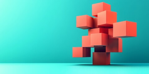 Orange 3d cubes stacked precariously on teal background, symbolizing balance, complexity,problem-solving. Ideal for business, technology, education blogs, or articles on strategy, stability, and in