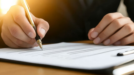 Businessperson hand signing document contract agreement on clipboard, natural light, focus