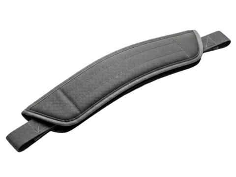 Grey padded replacement shoulder strap pad for a travel bag on a transparent background