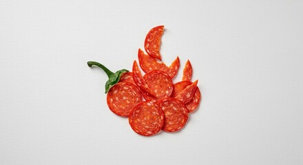 Delicious pepperoni slices creatively arranged to mimic the fiery shape of a red chili pepper, representing bold flavors and spicy ingredients ,food ,cuisine ,fresh