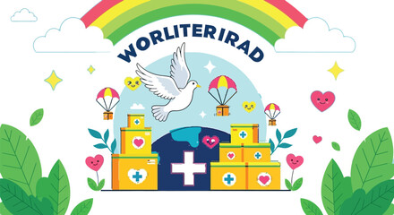 Spreading hope and aid worldwide with doves and parachutes delivering essential supplies on Humanitarian Day celebration