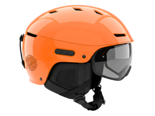 Orange ski and snowboard helmet with integrated visor and audio on a transparent background