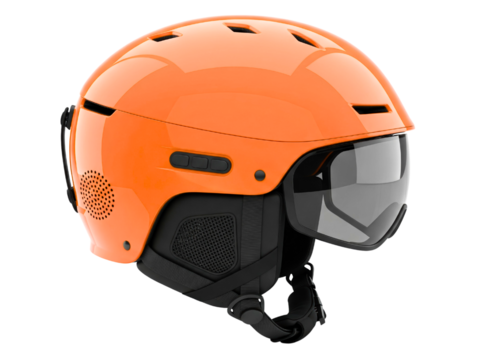 Orange ski and snowboard helmet with integrated visor and audio on a transparent background