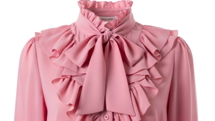 Highly detailed close up of a pink high neck ruffled blouse with a prominent bow accent