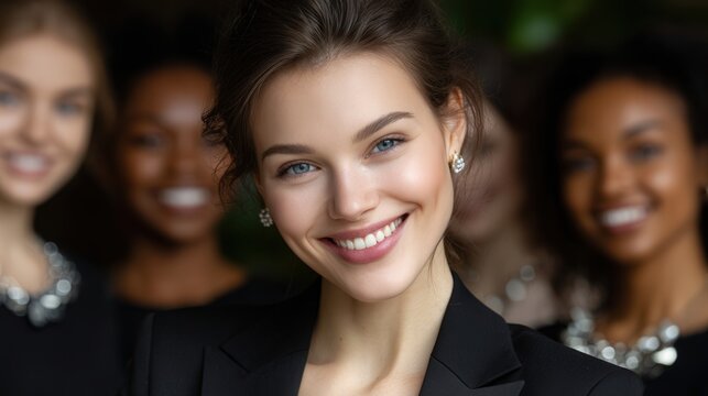 Multiethnic team standing together in bright modern office with natural light, showcasing positive teamwork. - Powered by Adobe