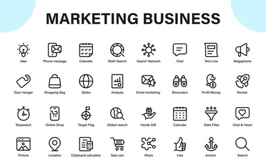 Marketing Business icons. communication, shopping, searching, planning, gifting, analytics, and productivity.