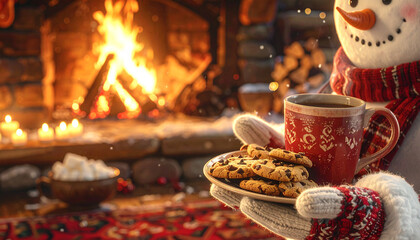 Cozy Christmas: Snowman Offering Cookies by Fireplace