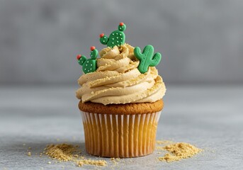 Delicious vanilla cupcake frosted with sandy colored icing, decorated with tiny green edible succulent and cactus shapes. Perfect for a themed party dessert ,sand ,green ,photography