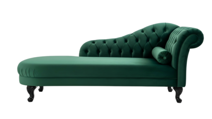 Elegant emerald green velvet chaise lounge with tufted backrest displayed against black
