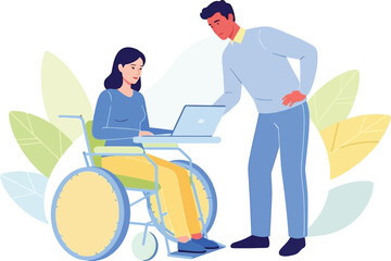 Confident woman in wheelchair collaborates with colleague on laptop, fostering inclusive workplace growth and innovation.
