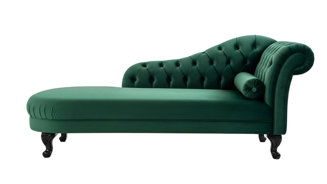 Elegant emerald green velvet chaise lounge with tufted backrest displayed against black