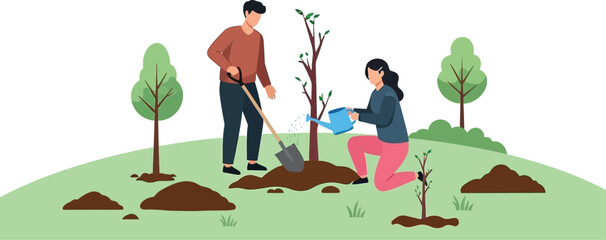 Couple joyfully planting trees together outdoors, nurturing nature's growth for a greener future, spreading hope and environmental care.