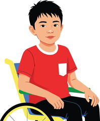 Smiling young boy in a colorful wheelchair radiating positivity and resilience, perfect for inclusive campaigns and educational materials