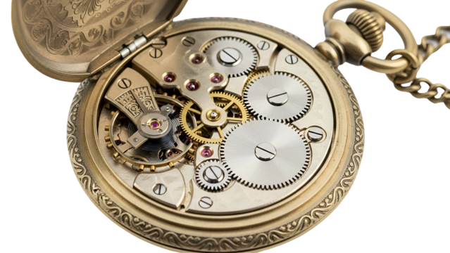 Intricate mechanical movement of an antique pocket timepiece displayed against a dark background - Powered by Adobe