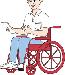 Smiling man in wheelchair holding documents, ready for important meeting or presentation with confidence and professionalism.