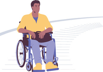 Confident professional man in wheelchair with briefcase navigating modern accessible pathway, symbolizing independence and opportunity.